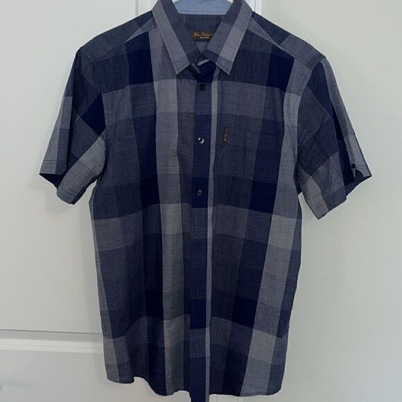 Nice Ben Sherman Blue Patchwork print check plaid SS summer Party Shirt L men’s - Picture 1 of 7
